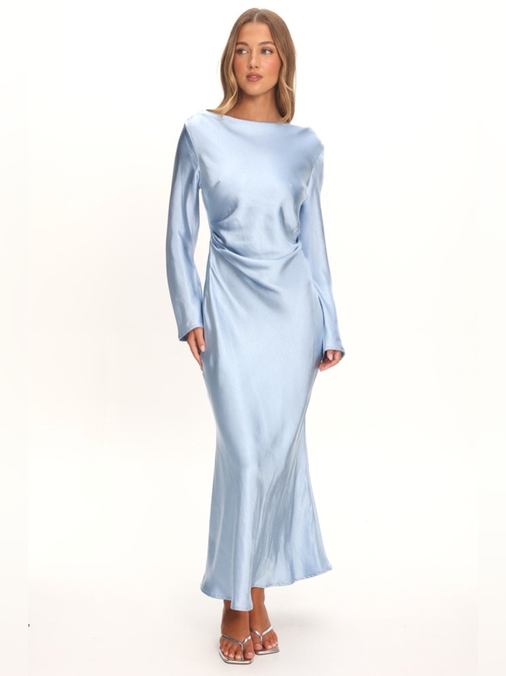 Selfie Leslie Loveland Cowl Back Light Baby Ice Blue Satin Long Sleeve Dress Med